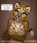  anthro blue_eyes bra bracelet cheetah clothing ear_piercing ear_ring english_text felid feline female fluffy furry_rome hi_res jewelry julia_(vestina) looking_at_viewer mammal necklace piercing smile solo spots spotted_body text underwear vestina 