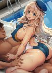  1boy 1girl ass atago_(kantai_collection) blonde_hair blue_swimsuit breasts competition_swimsuit covered_nipples faceless faceless_male full_body girl_on_top green_eyes hetero highleg highleg_swimsuit highres kantai_collection kekocha large_breasts long_hair one-piece_swimsuit open_mouth pool pool_ladder poolside smile straddling swimsuit tareme water wet wet_clothes wet_swimsuit 