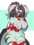  anthro big_breasts blep breasts clothing collar cowbell equid equine female geeflakes genitals hi_res legwear mammal nipples pubes pussy solo squish thick_thighs thigh_highs thigh_squish tongue tongue_out wide_hips zebra 
