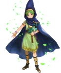  1boy belt book bracelet cape fire_emblem fire_emblem:_mystery_of_the_emblem fire_emblem_heroes full_body green_eyes green_hair highres hood jewelry leaf mayo_(becky2006) merric_(fire_emblem) official_art sandals solo teeth transparent_background 