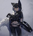  1girl arknights artist_name backlighting bangs baseball_cap black_gloves black_pants bow_(weapon) braid breasts chinese_commentary cloak closed_mouth commentary_request cowboy_shot crop_top crossbow dated gloves hair_between_eyes hair_over_shoulder hat headphones highres hip_vent holding holding_bow_(weapon) holding_weapon holster hood hooded_cloak hoodie large_tail leggings long_hair looking_at_viewer medium_breasts midriff navel nian pants provence_(arknights) purple_hair rain single_braid solo standing stomach tail thigh_holster thigh_strap thighs walkie-talkie weapon wolf_tail yellow_eyes 