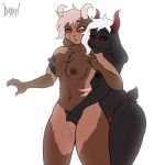  1:1 anthro black_body black_fur black_sclera blush bodily_fluids bovid breast_grab breast_squish breasts brown_body brown_fur cafe_(character) caprine clothed clothed/nude clothing crossgender cum daemon_(character) doxxyl duo female female/female fingering fingering_partner from_behind_position fur genital_fluids goat hair hand_on_breast horn mammal nipples nude panties punk_hair reach_around sex squish topless underwear vaginal vaginal_fingering white_hair 