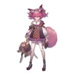  1girl animal_ear_fluff animal_ears arknights bangs black_footwear book eyebrows_visible_through_hair fox_ears fox_tail full_body geya_(yoomario) hair_between_eyes hair_ornament high_heels holding holding_book holding_stuffed_animal knife long_sleeves official_art pantyhose purple_eyes purple_hair purple_vest shamare_(arknights) shirt short_hair solo standing stuffed_animal stuffed_toy tail transparent_background twintails v-shaped_eyebrows vest white_legwear white_shirt 