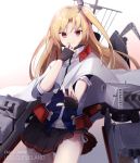  1girl aa_(sin2324) arm_up azur_lane bangs blonde_hair blue_jacket blush breasts capelet cleveland_(azur_lane) eyebrows_visible_through_hair fingerless_gloves gloves gradient gradient_background hair_between_eyes hair_ornament headgear highres jacket long_hair looking_at_viewer machinery miniskirt one_side_up red_eyes shirt short_sleeves skirt smile solo turret very_long_hair white_capelet 