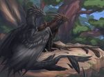  2020 blue_eyes claws day detailed_background digital_media_(artwork) dragon feathered_dragon feathered_wings feathers forest hi_res horn membrane_(anatomy) membranous_wings outside red_eues scales scalie soulsplosion spines tree western_dragon wings 