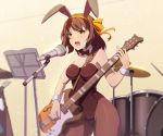  1girl 2girls a_dream absurdres animal_ears bangs bare_shoulders between_breasts bow bowtie breasts brown_bow brown_hair brown_legwear bunny_ears bunnysuit cape concert detached_collar drum eyebrows_visible_through_hair fake_animal_ears guitar hat highleg highleg_leotard highres instrument leotard medium_breasts medium_hair microphone microphone_stand multiple_girls music nagato_yuki open_mouth pantyhose playing_instrument plectrum school_uniform solo_focus stage strap_between_breasts strapless strapless_leotard suzumiya_haruhi suzumiya_haruhi_no_yuuutsu witch_hat wrist_cuffs yellow_eyes 