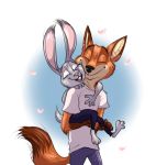  2020 alpha_channel anthro barefoot bottomwear buckteeth canid canine carrying clothed clothing disney duo eyes_closed fox fully_clothed fur grey_body grey_fur hi_res judy_hopps lagomorph leporid mammal nick_wilde open_mouth open_smile orange_body orange_fur pants piggyback pink_nose rabbit red_fox shirt smile t-shirt teeth topwear totino-s zootopia 