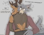  ... 2020 anthro anthro_on_anthro antlers beastars brown_body brown_fur canid canine canis cervid clothed clothing duo english_text fully_clothed fur grey_background grey_body grey_fur horn lawyerdog legoshi_(beastars) louis_(beastars) male male/male mammal simple_background tailwag text wolf 