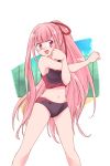  1girl black_sports_bra blush clenched_hands commentary ekaki-ya_okamoto feet_out_of_frame hair_tie highres kotonoha_akane long_hair navel open_mouth outstretched_arm pink_eyes pink_hair smile solo sports_bikini standing stretch v-shaped_eyebrows very_long_hair voiceroid white_background 