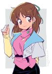  1girl anice_farm belt breasts brown_eyes brown_hair chouon_senshi_borgman commentary_request earrings hair_ornament half_updo jewelry long_sleeves looking_at_viewer mago medium_hair pencil_skirt ponytail simple_background sketch skirt smile solo turtleneck vest 