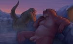  anthro anthro_on_anthro bath butt duo foreskin looking_back male male/male muscular muscular_male noodlewd nude raised_tail relaxing scalie slightly_chubby smile snow sunset winter 