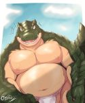  anthro asian_clothing belly blue_sky bon_donuts clothing cloud east_asian_clothing fundoshi green_body green_eyes green_scales hi_res japanese_clothing lizardman male musclegut navel nipples one_eye_closed open_mouth open_smile overlord_(series) pecs reptile scales scalie sky smile solo teeth underwear white_clothing white_underwear wink 