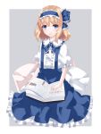  1girl alice_margatroid alice_margatroid_(pc-98) bangs blonde_hair blue_eyes blue_neckwear blue_ribbon blue_skirt book book_on_lap bow commentary eyebrows_visible_through_hair frilled_shirt_collar frilled_skirt frills grey_background hairband highres holding holding_book lolita_hairband looking_at_viewer nanatuki13 neck_ribbon open_book parted_lips petticoat puffy_short_sleeves puffy_sleeves ribbon shirt short_hair short_sleeves simple_background sitting skirt solo suspender_skirt suspenders touhou touhou_(pc-98) white_bow white_shirt 