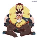  2020 absurd_res ailurid anthro belly bodily_fluids eyes_closed felid fur hi_res human humanoid_hands jumperbear kemono lion male male/male mammal moobs musclegut nipples pantherine red_panda simple_background sweat white_background wrestling wrestling_singlet yellow_body yellow_fur 