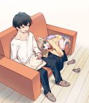  1boy 1girl 40hara animal_ear_fluff animal_ears bangs barefoot black_hair blonde_hair cat_ears cat_tail clothes collar couch eyebrows_visible_through_hair folded_clothes folding_clothes green_eyes kinako_(40hara) looking_at_another lying on_side open_mouth original pet_collar red_collar short_hair sitting slippers socks_removed sweatdrop tail 