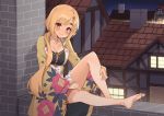  1girl bare_legs barefoot blonde_hair blush breasts cleavage closed_mouth collarbone commission eyebrows_visible_through_hair large_breasts long_hair looking_at_viewer night original outdoors ponytail red_eyes ryan_edian sitting smile solo 