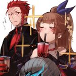  1boy 1girl black_gloves black_suit blue_bow bow braid brown_hair bubble_tea burn_scar closed_eyes cup disposable_cup drinking drinking_straw earrings elbow_gloves gilbert_eisenshudel gloves hair_bow holding horn jewelry long_hair long_sleeves looking_at_another narumiko_busa open_mouth pixiv_fantasia pixiv_fantasia_last_saga ponytail putoma pyrite_alchemist_ripley red_eyes red_gloves red_hair red_neckwear scar side_braid sidelocks smile 