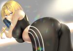  1girl ass ass_focus azur_lane bare_arms bare_shoulders black_sports_bra blonde_hair blue_eyes blush breasts can cross_hair_ornament eyebrows_visible_through_hair hair_ornament hairclip holding holding_can large_breasts looking_at_viewer marblehead_(azur_lane) marblehead_(boxing_girl!)_(azur_lane) midriff multicolored_hair pants pink_hair sakurai_kouji shirt short_hair_with_long_locks sleeveless smile solo standing sunlight symbol-shaped_pupils two-tone_hair 