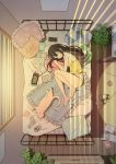  1girl absurdres animal ayamy bed book cat cellphone closed_eyes closed_mouth flower_pot full_body handheld_game_console highres indoors lying miyawaki_sana nintendo_switch on_side original panties phone pillow plant scan sleeping smile socks underwear window 