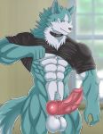  animal_genitalia animal_penis anthro blue_body blue_fur brand_new_animal canid canine canine_penis canis clothing collar fur genitals hi_res male mammal muscular muscular_male penis shirou_ogami solo studio_trigger white-snow-wolf wolf 