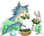  2019 anthro beastars bowl canid canine canis clothed clothing cup duo eating female fur grey_body grey_fur haru_(beastars) holding_fork ktandoku lagomorph legoshi_(beastars) leporid looking_at_another low_res male mammal rabbit salad shirt simple_background t-shirt topwear white_background white_body white_fur wolf 