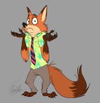  2020 anthro barefoot bottomwear canid canine cheek_tuft claws clothing dipstick_tail disney facial_tuft fox fur gloves_(marking) grey_background male mammal markings multicolored_tail necktie nick_wilde orange_body orange_fur pants pawpads red_fox shirt shrug simple_background solo standing toe_claws topwear totino-s tuft zootopia 