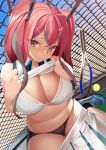  1girl azur_lane bangs bare_shoulders black_panties bow bra breasts bremerton_(azur_lane) bremerton_(scorching-hot_training)_(azur_lane) chain-link_fence collared_shirt crop_top fence from_above grey_hair hair_between_eyes hair_bow hair_ornament hairclip head_tilt heart heart_necklace highres large_breasts lifted_by_self long_hair looking_at_viewer machimura_komori mole mole_under_eye multicolored_hair outdoors panties parted_lips pink_eyes pink_hair pink_lips shirt shirt_lift sitting sleeveless sleeveless_shirt streaked_hair sweatdrop twintails two-tone_hair two-tone_shirt two-tone_skirt underwear white_bra x_hair_ornament 