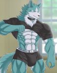  anthro blue_body blue_fur boxers_(clothing) brand_new_animal bulge canid canine canis clothing collar fur hi_res male mammal muscular muscular_male shirou_ogami solo studio_trigger underwear white-snow-wolf wolf 