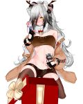  1girl absurdres animal_ear_fluff animal_ears arknights bandeau bangs bare_shoulders black_bow black_gloves black_legwear black_shorts blush bow box breasts brown_jacket cat_ears ceylon_(arknights) character_doll commentary eyebrows_visible_through_hair fake_antlers fingerless_gloves gift gift_box gloves hair_bow hair_over_one_eye hand_up highres holding jacket long_hair long_sleeves looking_at_viewer medium_breasts micro_shorts midriff minew_(zpky5744) navel off_shoulder open_clothes open_jacket schwarz_(arknights) shorts silver_hair simple_background solo stomach strapless thighhighs thighs tubetop turtleneck white_background yellow_eyes 
