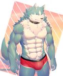  5_fingers abs anthro black_nose blue_body blue_eyes blue_fur brand_new_animal bulge canid canine canis claws clothed clothing collar fingers fur genitals male mammal muscular muscular_male nipples penis penis_base pink_nipples pubes red_clothing red_underwear shirou_ogami solo studio_trigger tamotoji02 topless underwear vein white_body white_fur wolf 