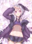  1girl absurdres ass_visible_through_thighs belt bike_shorts blurry_foreground collar commentary cowboy_shot ekaki-ya_okamoto expressionless flower flower_(vocaloid) fur-trimmed_jacket fur_trim gynoid_talk hand_on_own_head hand_up highres jacket light_blush looking_at_viewer lying midriff multicolored_hair navel on_back parted_lips purple_eyes purple_hair purple_jacket purple_tubetop solo streaked_hair thigh_gap v_flower_(gynoid_talk) vocaloid white_hair 