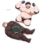  2020 ailurid anthro belly bodily_fluids bulge duo hi_res human humanoid_hands jumperbear kemono lying male mammal moobs musclegut nipples overweight overweight_male red_panda simple_background sweat white_background wrestling wrestling_singlet 