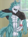  anthro blue_body blue_fur brand_new_animal canid canine canis clothing collar fur genitals hi_res humanoid_genitalia humanoid_penis male mammal muscular muscular_male penis shirou_ogami solo studio_trigger white-snow-wolf wolf 