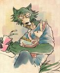  2020 anthro beastars bowl canid canine canis cheek_tuft clothed clothing duo facial_tuft feeding fully_clothed fur haru_(beastars) holding_cup holding_object ktandoku lagomorph legoshi_(beastars) leporid looking_at_another mammal on_lap open_mouth rabbit sharp_teeth sitting_on_lap straw teeth tuft wolf 