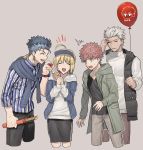  1girl 3boys ^_^ ahoge archer artoria_pendragon_(all) balloon blonde_hair blue_hair churro closed_eyes crepe cu_chulainn_(fate)_(all) earrings emiya_shirou fang fate/stay_night fate_(series) food fruit highres jacket jewelry kmk lancer multiple_boys ponytail red_hair saber short_hair strawberry sweatdrop sweater_around_neck white_hair 