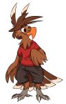  2020 alpha_channel anthro avian barefoot beak biped bird brown_body brown_feathers cheek_tuft clothed clothing digital_media_(artwork) facial_tuft feathered_wings feathers fully_clothed hi_res male piemations pretzel_(piemations) shirt simple_background solo t-shirt tail_feathers topwear transparent_background tuft wings 