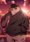  2020 absurd_res anthro blush bottomwear clothing detailed_background hat headgear headwear hi_res hoodie humanoid_hands kemono male mammal outside overweight overweight_male park_kr shorts solo topwear ursid 