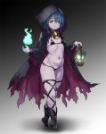  1girl bikini black_bikini blue_hair boots bracelet cape commentary_request flat_chest full_body gradient gradient_background groin highres hitodama holding_lantern hood hooded_cape houtengeki jewelry lantern looking_at_viewer micro_bikini navel neck_bell original purple_skin short_hair simple_background skinny smile solo stomach swimsuit symbol_commentary thigh_strap tiptoes torn_cape torn_clothes yellow_eyes 