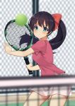  1girl ball blue_eyes blush bow breasts commission eyebrows_visible_through_hair hair_bow highres large_breasts long_hair looking_at_viewer original parted_lips pink_shirt ponytail racket red_bow ryan_edian shirt short_sleeves skirt solo sweat tennis tennis_ball tennis_racket white_skirt 