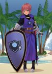  1girl armor beach belt blush breasts brown_belt cape commission eyebrows_visible_through_hair full_body green_eyes highres knight large_breasts looking_at_viewer original palm_tree parted_lips red_hair ryan_edian sheath sheathed shield short_hair smile solo sword tan tree upper_teeth weapon 