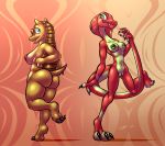  abstract_background anthro armadillo bassy_wolfeh blue_eyes breasts butt dancing duo eyewear fangs female genitals glasses green_eyes hi_res looking_at_viewer mammal nude pussy reptile scalie side_boob slightly_chubby slim smile snake tail_grab xenarthran 