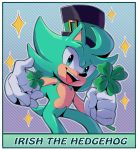  2020 anthro border character_name clothing clover digital_media_(artwork) english_text eulipotyphlan four_leaf_clover fur gloves green_body green_eyes green_fur handwear hat headgear headwear hedgehog hi_res holding_object holidays irish_the_hedgehog male mammal open_mouth open_smile pattern_background plant simple_background smile solo sonicaimblu19 sparkles st._patrick&#039;s_day striped_background text top_hat white_border 