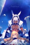  1boy 1girl animal_ears armor blonde_hair blood blood_from_mouth blood_on_face bloody_clothes bloody_hair blue_eyes blue_neckwear body_markings breasts caenis_(fate) cis05 closed_eyes column commentary_request dark_skin english_text eyebrows_visible_through_hair fate/grand_order fate_(series) hair_between_eyes hair_ornament hairband headpiece injury kirschtaria_wodime lap_pillow large_breasts long_hair looking_at_another night night_sky open_mouth pauldrons pillar shirt sky smile star tattoo teeth twitter_username very_long_hair white_armor white_hair white_shirt 