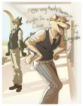  2020 absurd_res anthro beastars bird_dog bottomwear canid canine canis clothing domestic_dog english_text eyes_closed footwear hi_res hunting_dog jack_(beastars) labrador legoshi_(beastars) letterbox male mammal necktie open_mouth pants public retriever shirt shoes takomakisan text topwear vest wolf 