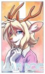  2016 abstract_background anthro antlers blonde_hair blue_eyes border brown_body brown_fur brown_horn bust_portrait cervid clothing digital_media_(artwork) front_view fur girly hair hi_res horn lapres liam_doe looking_at_viewer male mammal multicolored_body multicolored_fur name_badge open_mouth open_smile pink_clothing pink_nose pink_shirt pink_topwear portrait shirt short_hair smile solo topwear two_tone_body two_tone_fur white_body white_border white_fur 