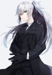  1girl black_coat black_neckwear coat cowboy_shot dodome_ichika eyes_visible_through_hair formal green_eyes grey_background hair_between_eyes heterochromia highres messy_hair original sidelocks silver_hair simple_background solo suit waka_(shark_waka) yellow_eyes 