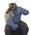  absurd_res animal_crossing anthro avian beak belt bird black_bottomwear black_clothing black_pants blue_body blue_feathers bodily_fluids bottomwear clenched_teeth clothed clothing columbid dodo eyewear feathers flying_sweatdrops headgear headphones headset hi_res male navel necktie nintendo pants partially_clothed shirt simple_background sitting solo sunglasses sweat sweatdrop teeth topwear underwear video_games warr white_background white_clothing white_shirt white_topwear white_underwear wilbur_(animal_crossing) 