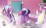  2020 absurd_res aged_up anon_1515 anthro bathtub cutie_mark digital_media_(artwork) dock equid female friendship_is_magic genitals hand_on_butt hi_res horn male male/female mammal my_little_pony nude partially_submerged penis scalie spike_(mlp) starlight_glimmer_(mlp) towel unicorn water 