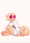  3_fingers 3_toes alphys anthro big_breasts bottomless breasts buckteeth claws clothed clothing coat eyewear female fingers glasses heartear lab_coat looking_aside non-mammal_breasts reptile scales scalie side_view sitting solo spiked_tail spikes teeth thick_tail thick_thighs tight_clothing tinted_glasses toes topwear undertale video_games yellow_body yellow_scales 