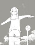 ass_visible_through_thighs closed_mouth looking_to_the_side miyako_(naotsugu) monochrome original outstretched_arms pussy school_uniform sidelocks sketch sky spread_arms standing tagme two_side_up wardrobe_error 